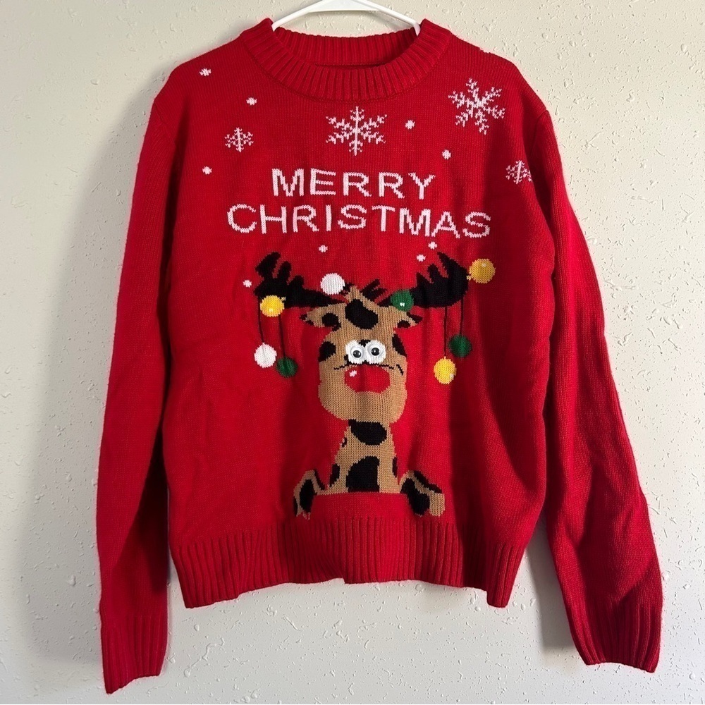 Merry Christmas Red Reindeer Googly Eyes Crewneck Sweater Holiday Ugly Christmas